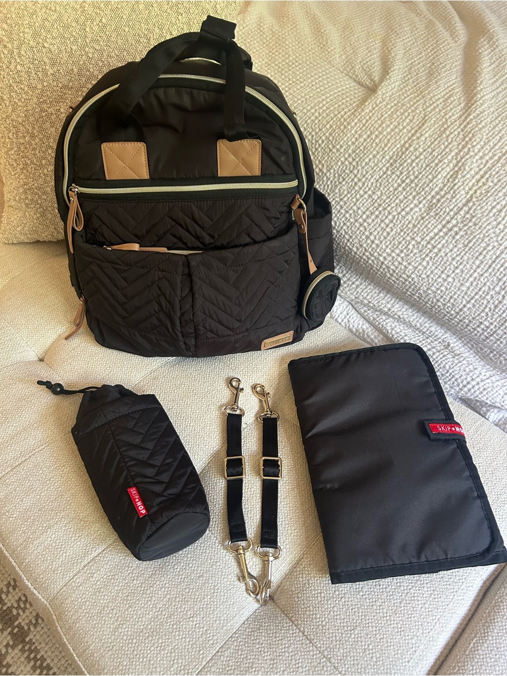 Skip Hop 6 in 1 Black Quilted Diaper Backpack with Tan Trim and Accessories
